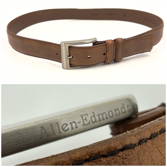 Allen Edmonds Mens Leather Belt Size 34 Brown Adjustable Buckle Calfskin USA